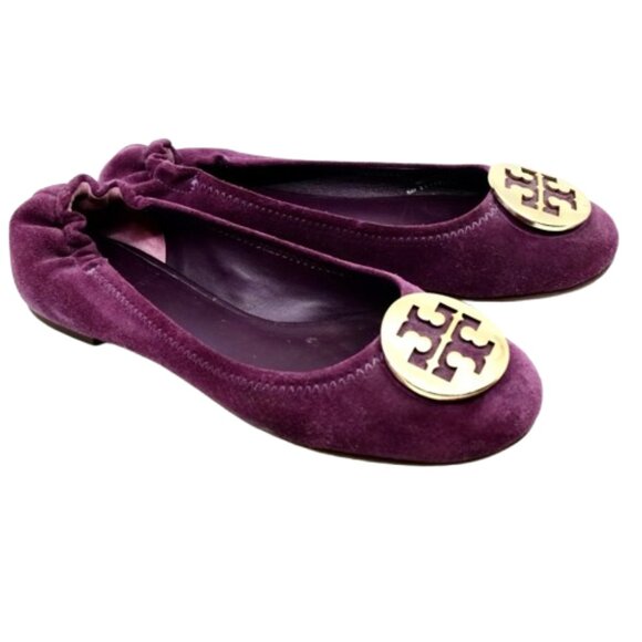 TORY BURCH~Gold Reva Logo~BALLET FLATS~PURPLE SUEDE LEATHER SHOES~7.5M - Picture 2 of 6